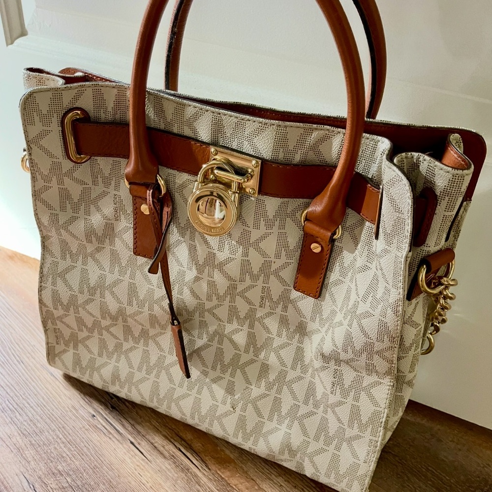 Michael Kors Monogram Beige and Tan Satchel